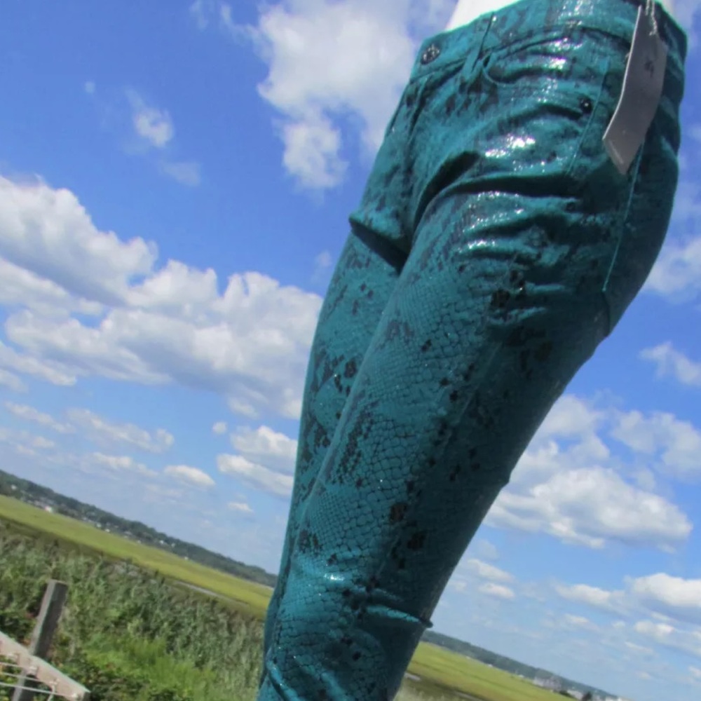 Seven 7 For All Mankind 29 green coated jeans snake skin shiny sexy skinny - Picture 7 of 11